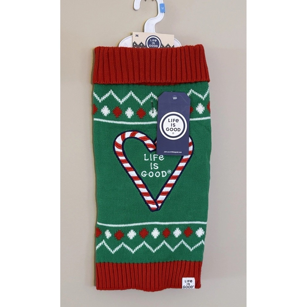 Life Is Good Dog Sweater Size Medium Heart Candy Cane Green Red Christmas / NWT